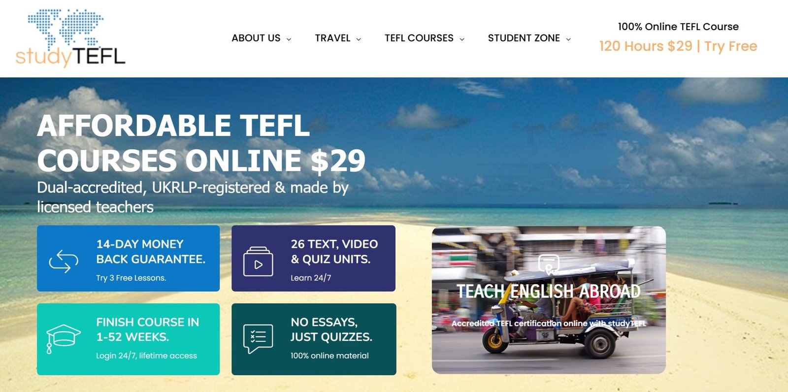 StudyTEFL website screenshot showing online TEFL course details